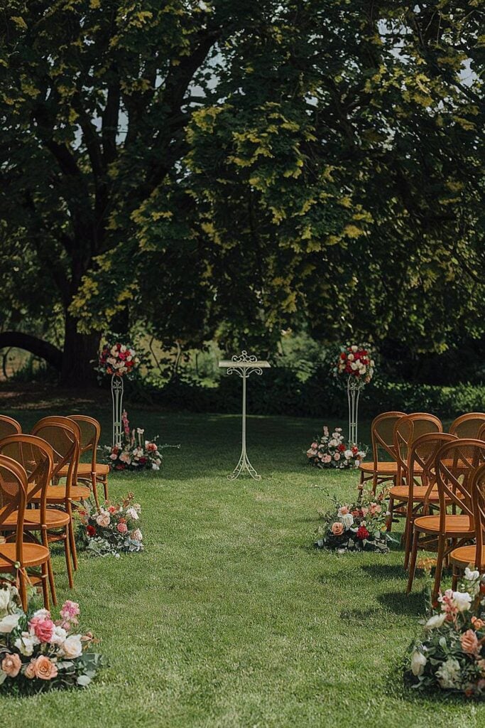 Autel de mariage extérieur simple avec compositions florales et chaises vintage.
