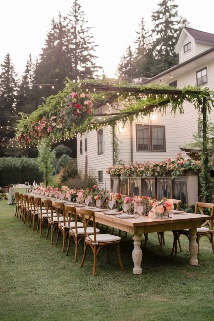 Configuration de mariage dans la cour avec des fleurs et des guirlandes lumineuses pour un micro-mariage.