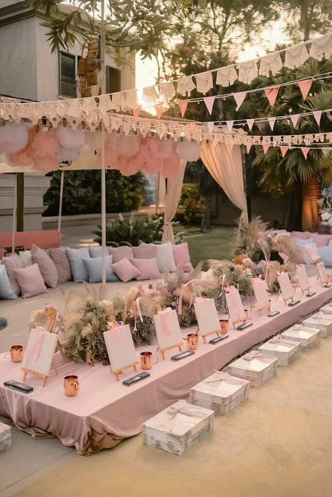 Configuration extérieure de douche nuptiale pastel avec banderoles et mini toiles.
