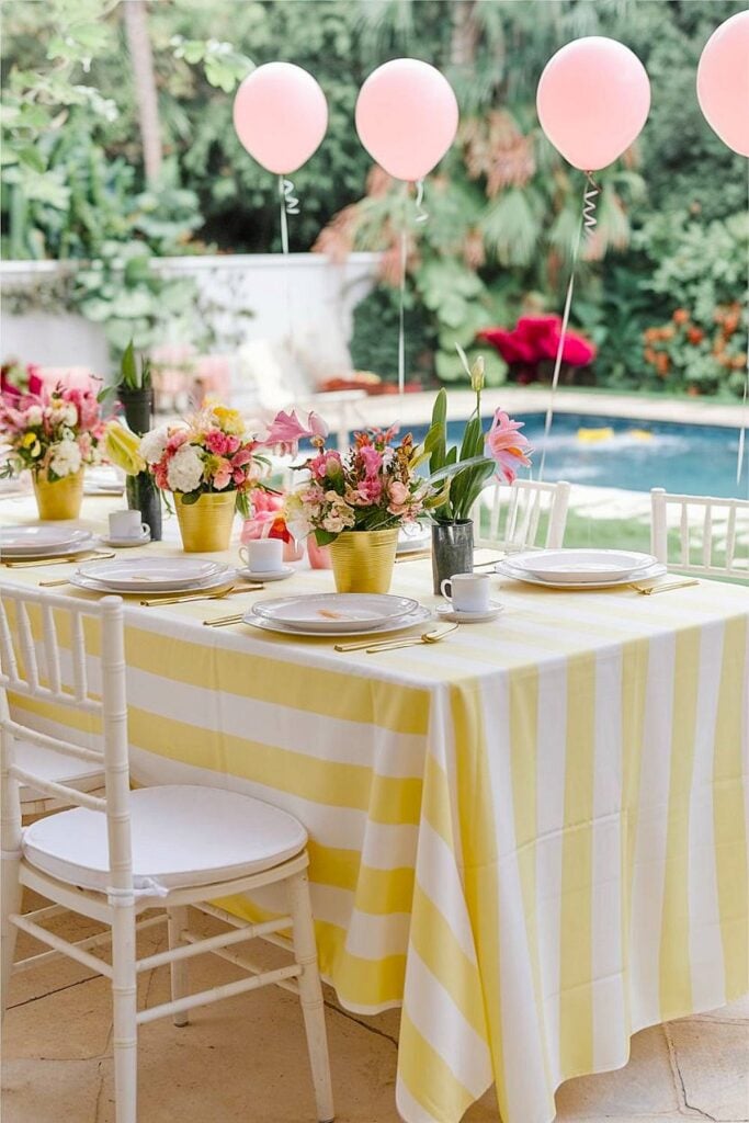 Table de brunch pour fête prénuptiale sur le thème pastel avec ballons roses.