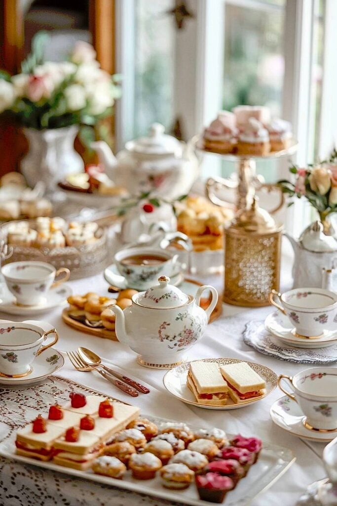 Installation de thé vintage pour douche nuptiale avec porcelaine et pâtisseries.
