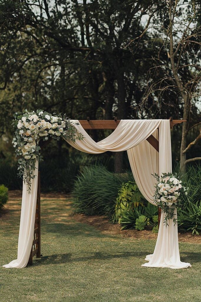 Arche de mariage en bois avec tissu drapé et fleurs pour cérémonie dans le jardin.