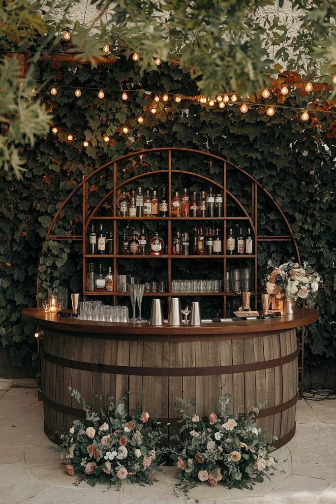 Bar tonneau rustique avec verdure et lumières pour un mariage dans la cour.