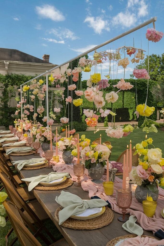 Spring Garden Bachelorette Party avec fleurs pastel et bougies.