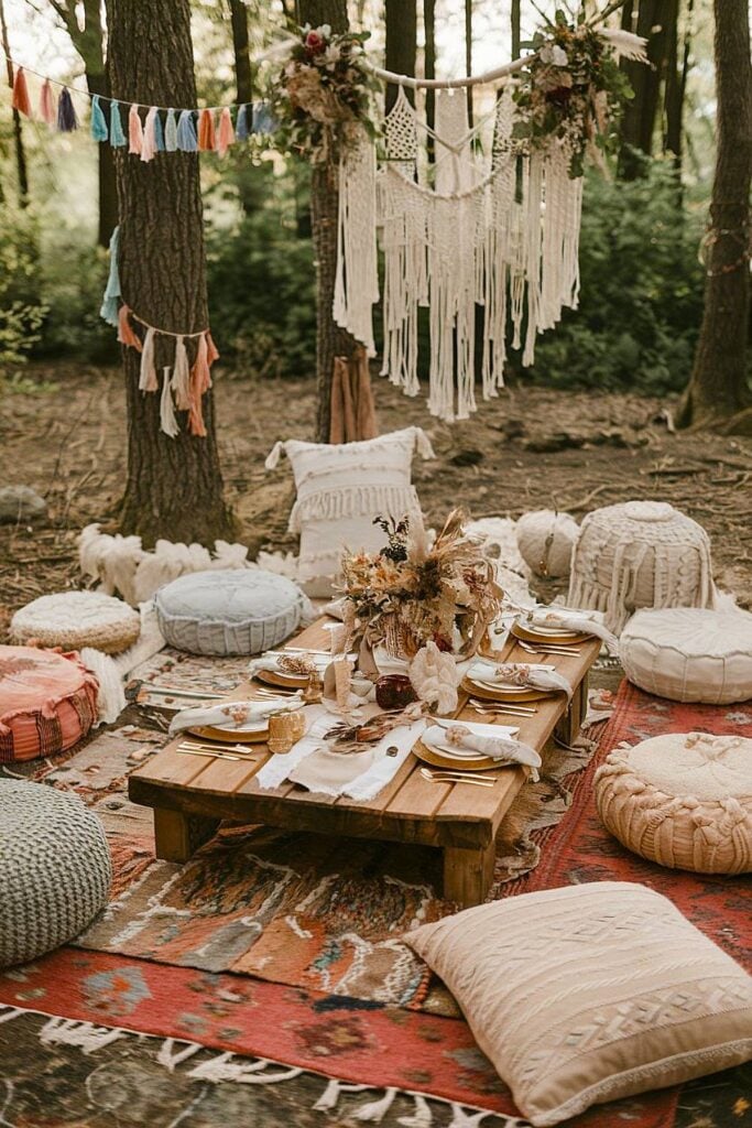 Pique-nique de bachelorette sur le thème des bois avec décoration boho et tapis.