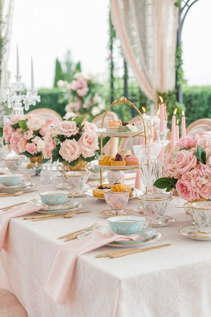 Bachelorette Tea Party d'inspiration de Bridgerton avec des fleurs pastel et la Chine.