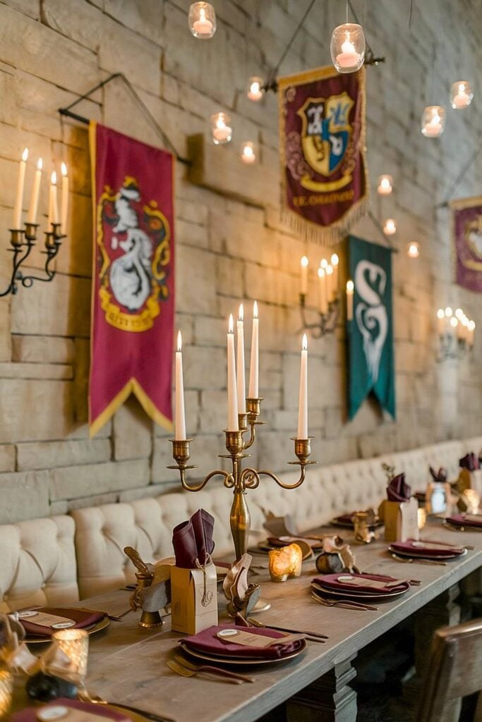 Configuration de la fête de Bachelorette de Harry Potter avec des bannières et des bougies.