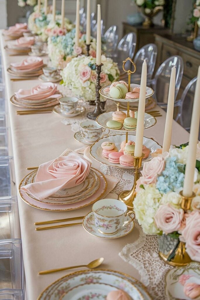 Bachelorette Tea Party élégant avec accents d'or et décoration florale.