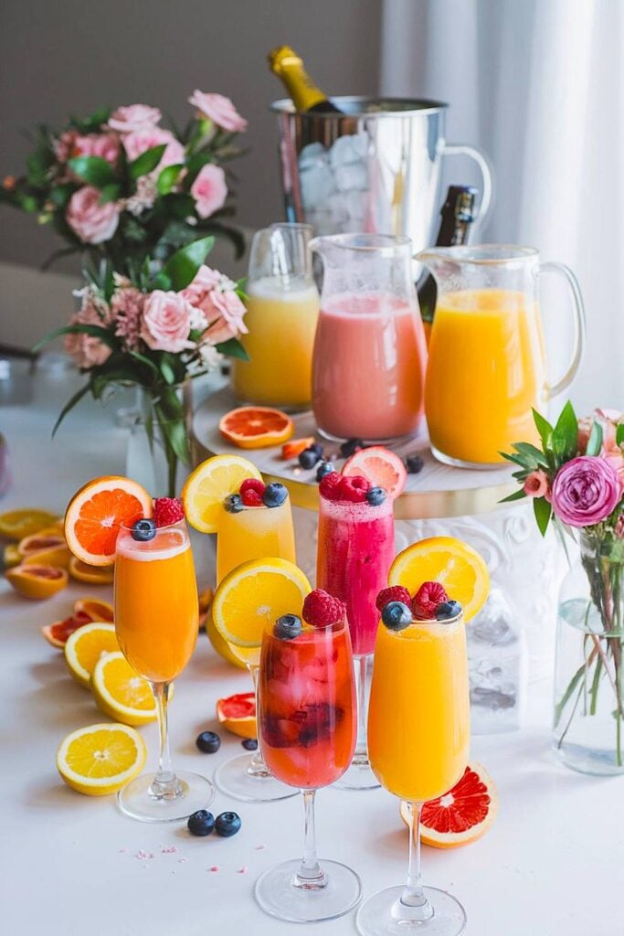Party Mimosas Bachelorette avec des boissons colorées et des fruits frais.