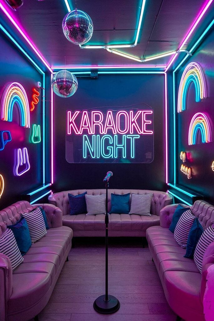 Party de bachelorette de karaoké avec des enseignes au néon et des balles disco.